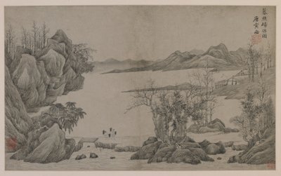 Riviergezicht en houtverzamelaars door Qing Dynasty Chinese School