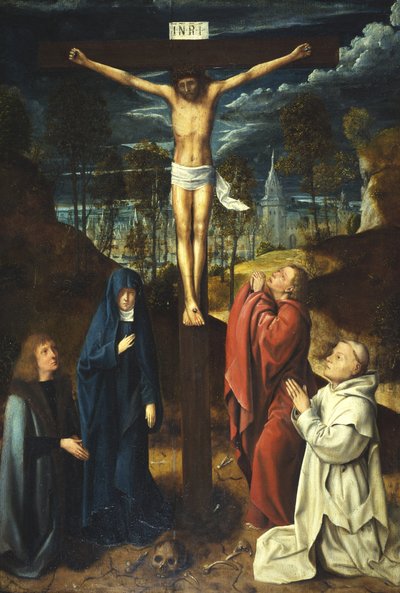 Christus aan het kruis tussen de Maagd, Sint Jan en twee schenkers door Quentin (workshop of) Massys or Metsys