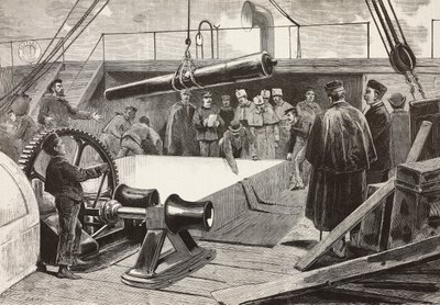 Italiaanse matrozen en officieren die het schip Gottardo opzetten, Italiaanse expeditie in de Rode Zee, Palermo, Italië, gravure naar tekening door Quinto Cenni en schets door Dante Paolocci, uit L