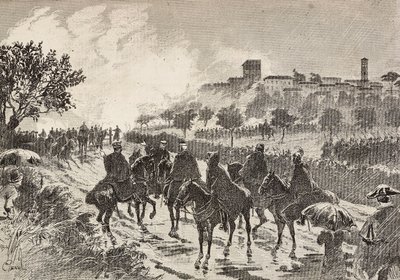 Italiaanse soldaten te paard verplaatsen zich van Copreno naar Cermenate, Italië, gravure naar tekening van Quinto Cenni, uit L