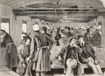 Italiaanse soldaten in trein op weg naar Napels, Italië, tweede Italiaanse expeditie in de Rode Zee, gravure naar tekening van Quinto Cenni en schets van M Dal Don, uit L