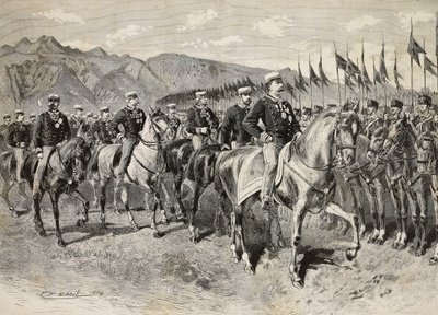 Koning Umberto I inspecteert Florence lansiers, met generaal Martin di Montu achter hem, 28 september, cavalerie-oefeningen in Pordenone, Italië, gravure naar tekening van Quinto Cenni, uit L