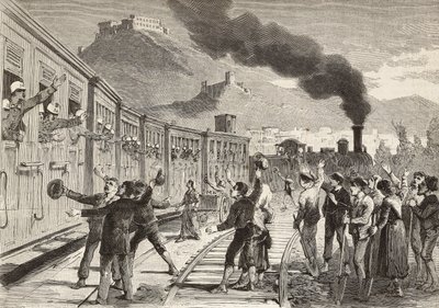 Mannen en vrouwen nemen afscheid van Italiaanse soldaten die vertrekken vanaf het station van Cassino, Italië, gravure naar tekening van Quinto Cenni en schets van M Dal Don, uit L