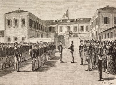 Prins Vittorio Emanuele (1870-1946), Graaf van Turijn, reikt diploma