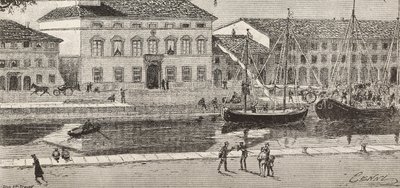 Het stadhuis en het havenkanaal, Cesenatico, Italië, gravure naar een tekening van Quinto Cenni en een schets van Ulisse Topi, uit L