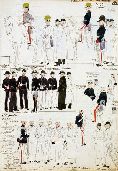 Uniformen van het Hertogdom Modena in 1849, plaat uit Cenni Codex collectie van militaire schetsen in aquarel door Quinto Cenni