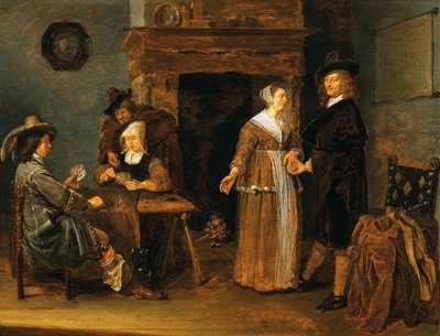 Duits: "Lockere Gesellschaft", twee vrouwen en drie mannen aan de kaarttafel Interieur met kaartspelers door Quirijn van Brekelenkam
