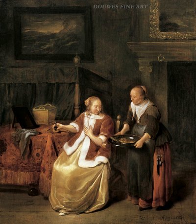 Interieur met een jonge vrouw en een dienstmeisje die een bord vis vasthouden door Quirijn van Brekelenkam