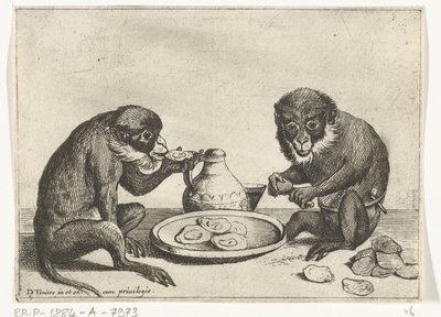 Twee apen eten oesters Verschillende bedrijven uit het menselijke leven door apen voorgesteld (series title) het Apespel inde werelt (series title) door Quirin Boel