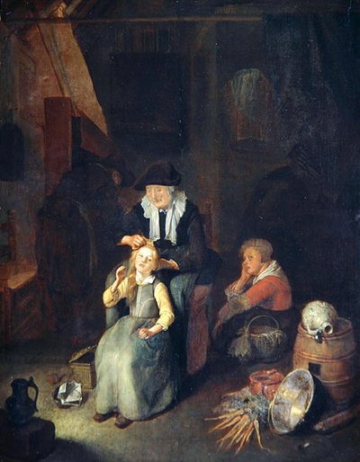 Cottage-interieur met vrouw die het haar van een meisje kamt door Quiringh Gerritsz. van Brekelenkam