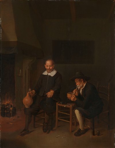 Interieur met twee mannen bij de haard door Quiringh Gerritsz. van Brekelenkam