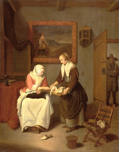 Interieur met een dame die vis kiest door Quiringh Gerritsz. van Brekelenkam