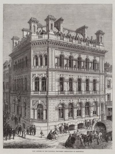 Nieuwe Kantoren van de National Provident Institution in Eastcheap door R. Dudley