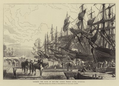 Tegen het einde van de dag, de Canada Timber Docks, Liverpool door R. Dudley
