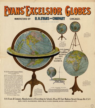 Advertentieposter voor globes met afbeeldingen van 5 globes en wat beschrijvende tekst door R. O. Evans And Company