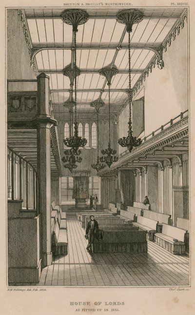 House of Lords, Westminster, Londen, zoals ingericht in 1835 door R. W. Billings