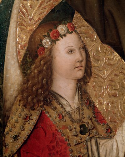Een engel, detail van het altaarstuk van St Bernardin van Siena door Rafael & Figuera Joan (active c.1454 1477) Tomas