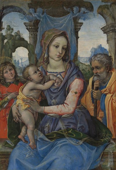 Madonna en kind met Sint-Jozef en een engel door Raffaellino del Garbo