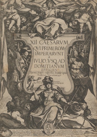 Frontispice met een trompettist die trompetten blaast zittend bovenop een cartouche, 1606 door Raffaello Schiaminossi