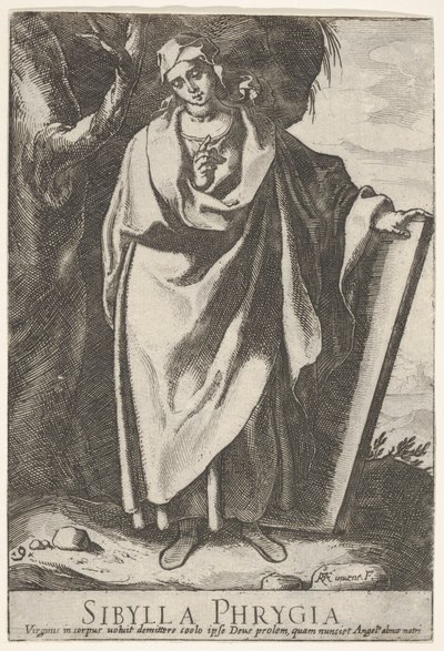 Plaat 9: de Frygische Sibylle die de bovenkant van een tablet vasthoudt met haar linkerhand en wijst met door Raffaello Schiaminossi