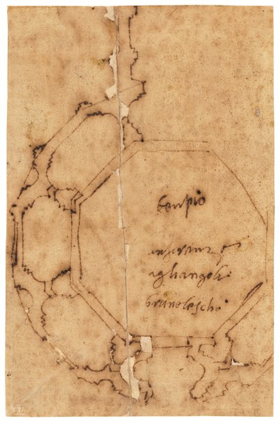 Plattegrond van Santa Maria degli Angeli, Florence (pen en bruine inkt, op geolied calqueerpapier) door Raffaello da Montelupo
