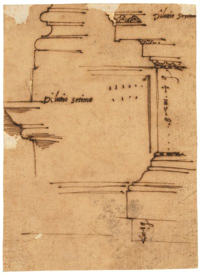Een schets van de hoofdbekroning van de Boog van Septimius Severus, Rome (pen en bruine inkt, op geolied calqueerpapier) door Raffaello da Montelupo