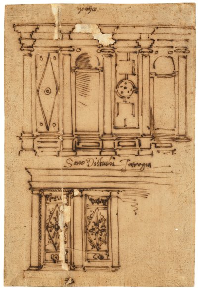 Ontwerp voor een wanddecoratie (pen en bruine inkt, op geolied calqueerpapier) door Raffaello da Montelupo