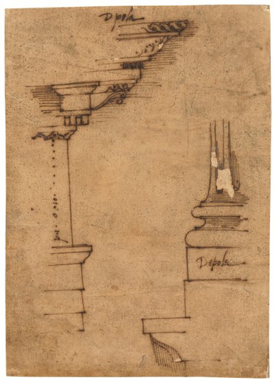 Ontwerp voor een hoofdgestel en de voet van een sokkel (pen en bruine inkt, op geolied calqueerpapier) door Raffaello da Montelupo