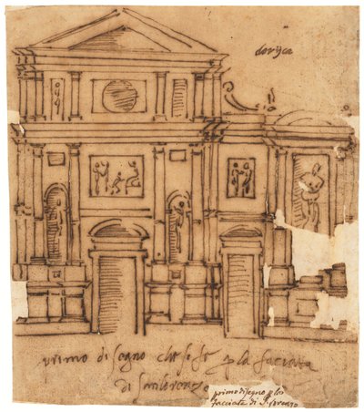 Ontwerp voor de gevel van San Lorenzo, Florence (pen en bruine inkt, op geolied calqueerpapier) door Raffaello da Montelupo