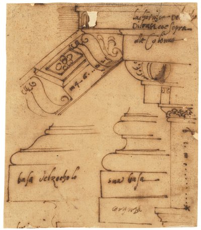 Schetsen van verschillende elementen van de Boog van Constantijn, Rome (pen en bruine inkt, op geolied calqueerpapier) door Raffaello da Montelupo