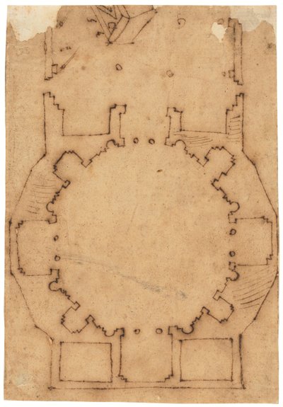 De plattegrond van een kerk (pen en bruine inkt, op geolied calqueerpapier) door Raffaello da Montelupo