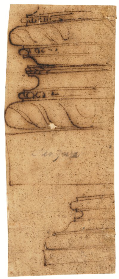 Twee architectuurfragmenten (pen en bruine inkt, op geolied calqueerpapier) door Raffaello da Montelupo