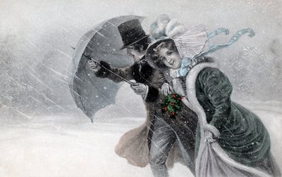 Koppel in een sneeuwstorm met paraplu eind 19e/begin 20e eeuw door Raimund Ritter Von Brennerstein (1862 1925) Wichera