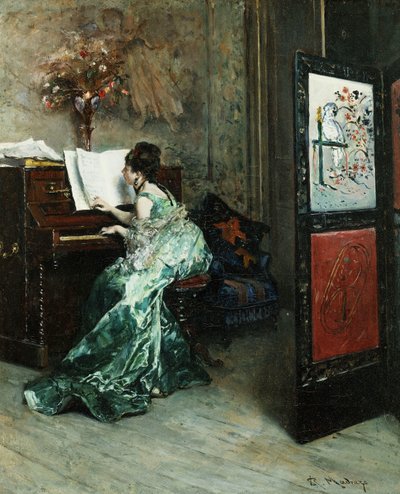 Een dame die piano speelt in een interieur door Raimundo de Madrazo y Garreta