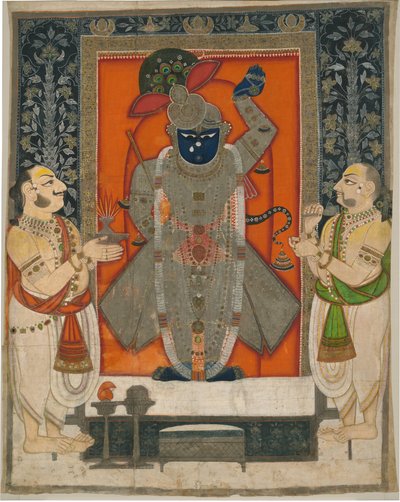 Priesters die Krishna aanbidden als Shrinathji voor het Voedselfestival [Annakuta utsava]; tempelkleed [pichhavai] door Rajasthan Kota school