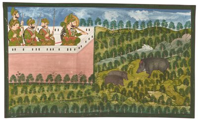 Een schilderij van Maharana Jawan Singh die wilde zwijnen jaagt door Rajasthani School