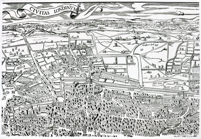 Detail van Londen ten noorden van de stad uit Civitas Londinium door Ralph Agas