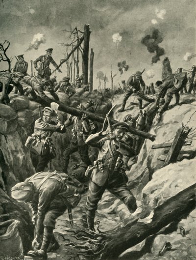 Britse soldaten in een Duitse loopgraaf, Westelijk Front, Eerste Wereldoorlog, ca. 1915, ca. 1920 door Ralph Cleaver
