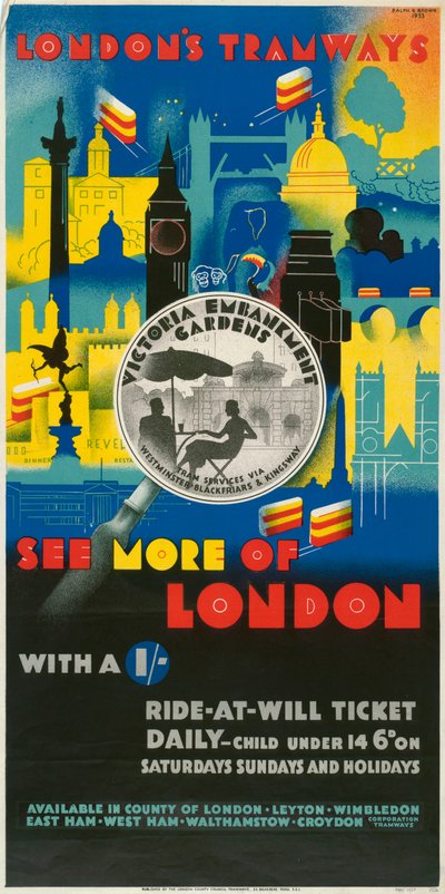 Zie meer van Londen met een shilling, London County Council LCC Tramways poster door Ralph and Brown Studios