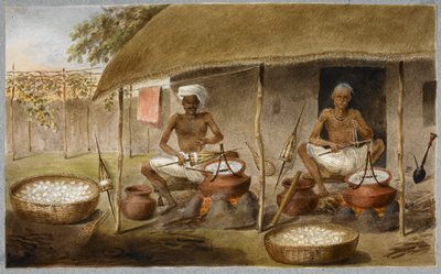 Twee mannen die buiten een hut zitten en zijde uit cocons trekken en het op spoelen winden door de cocons in water te koken, c.1820 door Ram Sita