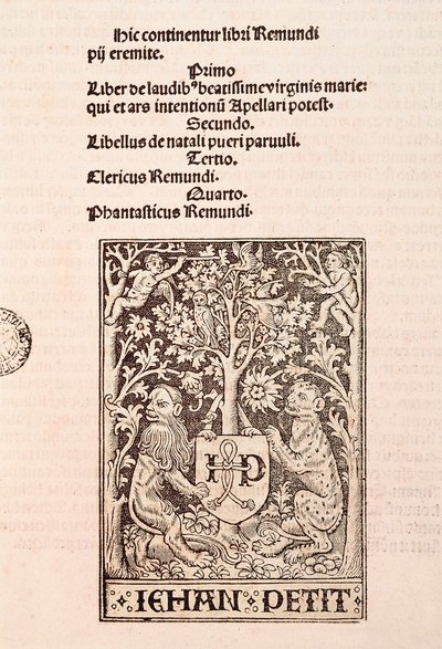 Pagina van het codex "De Laudibus Beatissimae Virginis Mariae" door Ramon Llull (1235-1315), met twee leeuwen die het wapen van de drukker Jehan Petit vasthouden door Ramon Llull