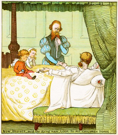 "Nu, broeder, zei de stervende man, zorg voor mijn lieve kinderen", illustratie uit Babes in the wood door Randolph Caldecott