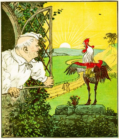 "Dit is de haan die kraaide in de ochtend, die de rechter wakker maakte, geheel geschoren", illustratie uit Het huis dat Jack bouwde door Randolph Caldecott