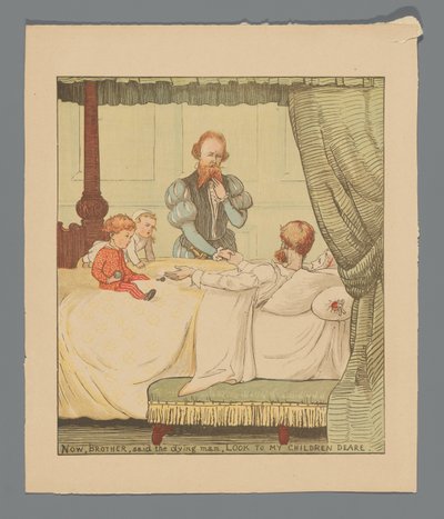 Twee kinderen en een man aan een ziekbed door Randolph Caldecott