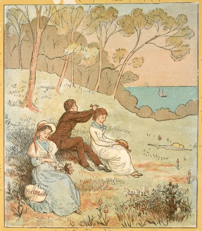 Twee vrouwen en een man zittend in een open plek bij de kust. door Randolph Caldecott