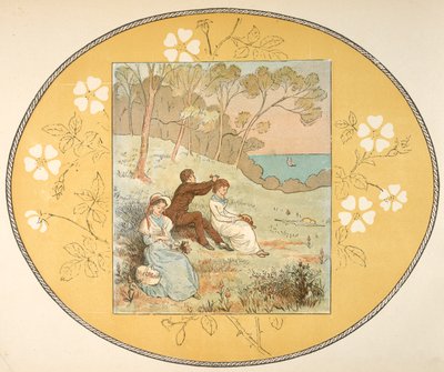 Twee vrouwen en een man zittend in een open plek bij de kust. Bloemenrand door Randolph Caldecott