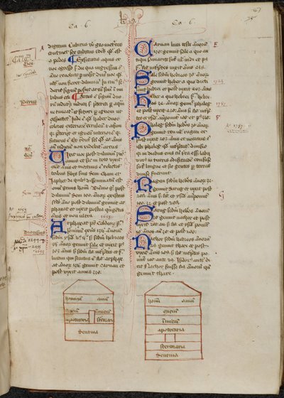 Inkttekeningen van de Ark van Noach en versierde initialen met penversieringen in boek 2., midden 15e eeuw door Ranulf Higden