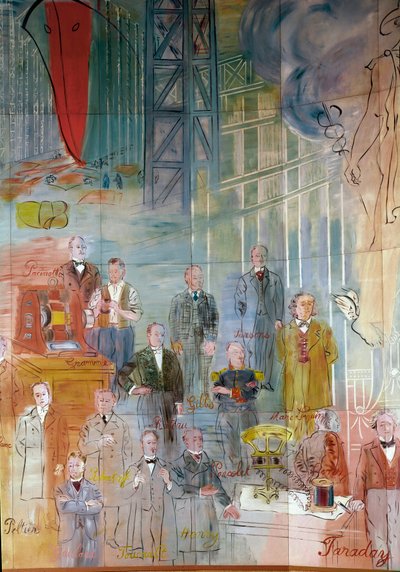 La Fee Electricite, detail: Portretten van verschillende intellectuelen en wetenschappers: Antonio Pacinotti, Zenobe Gram, Josiah Willard Gibbs, Charles Algernon Parsons, Marc Seguin, Auguste Camille Rateau, Jean Victor Celet en Michael Faraday. 1937 (schi door Raoul Dufy