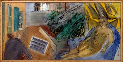 Naakt naar de patio. Man speelt cello voor een partituur en vlakbij hem luistert een naakte vrouw naar hem door Raoul Dufy