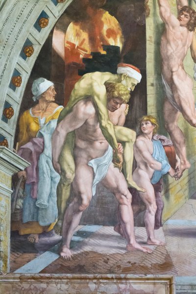De brand in het Borgo, detail (waarschijnlijk Aeneas die ontsnapt met zijn vader Anchises en zijn zoon Ascanius) door Raphael (1483 1520) (& studio)